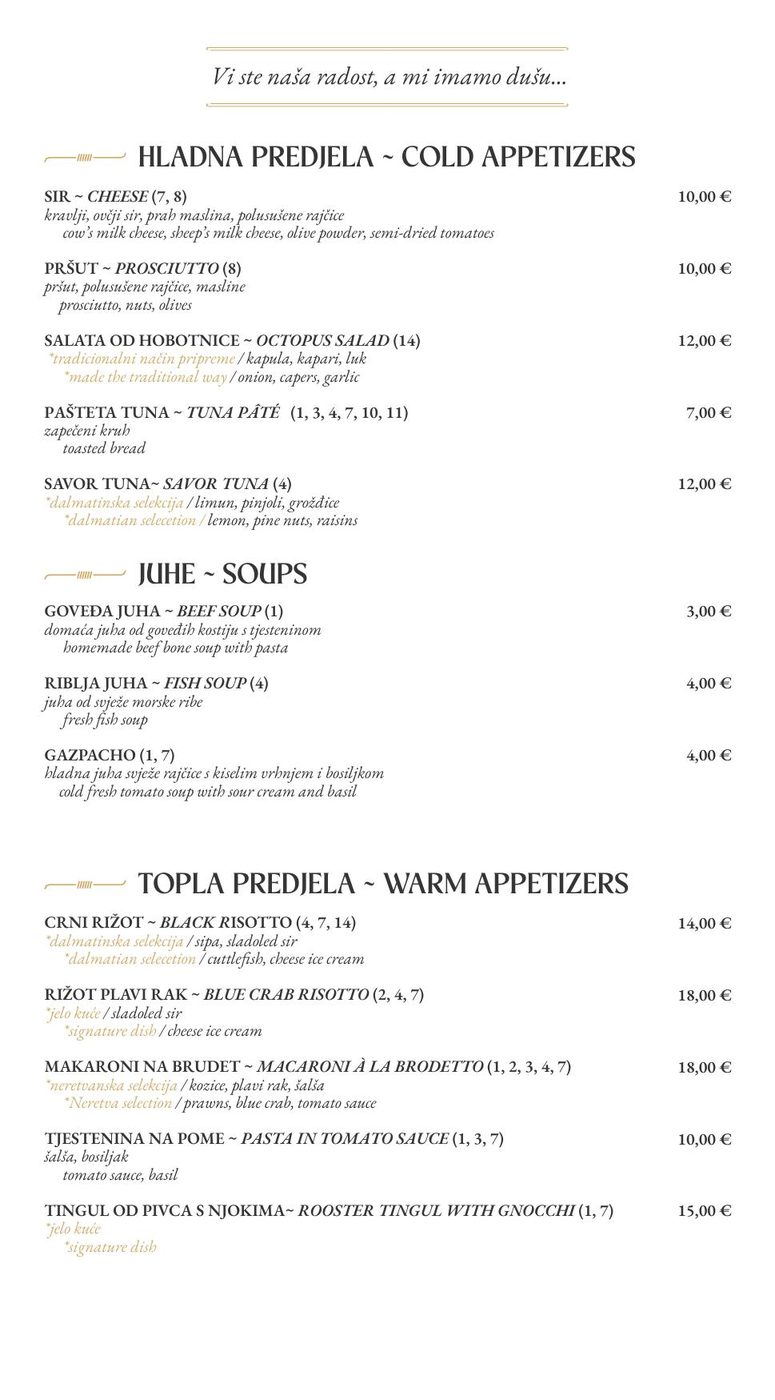 Monaco menu page 1 — cold appetizers, soups, warm appetizers