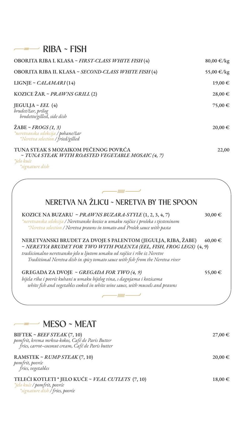 Monaco menu page 2 — fish, Neretva specialties, meat