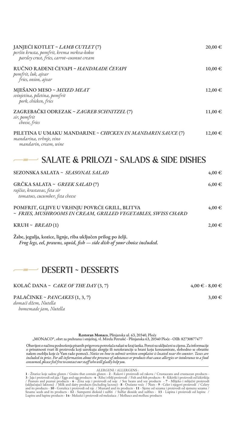 Monaco menu page 3 — salads, sides, desserts